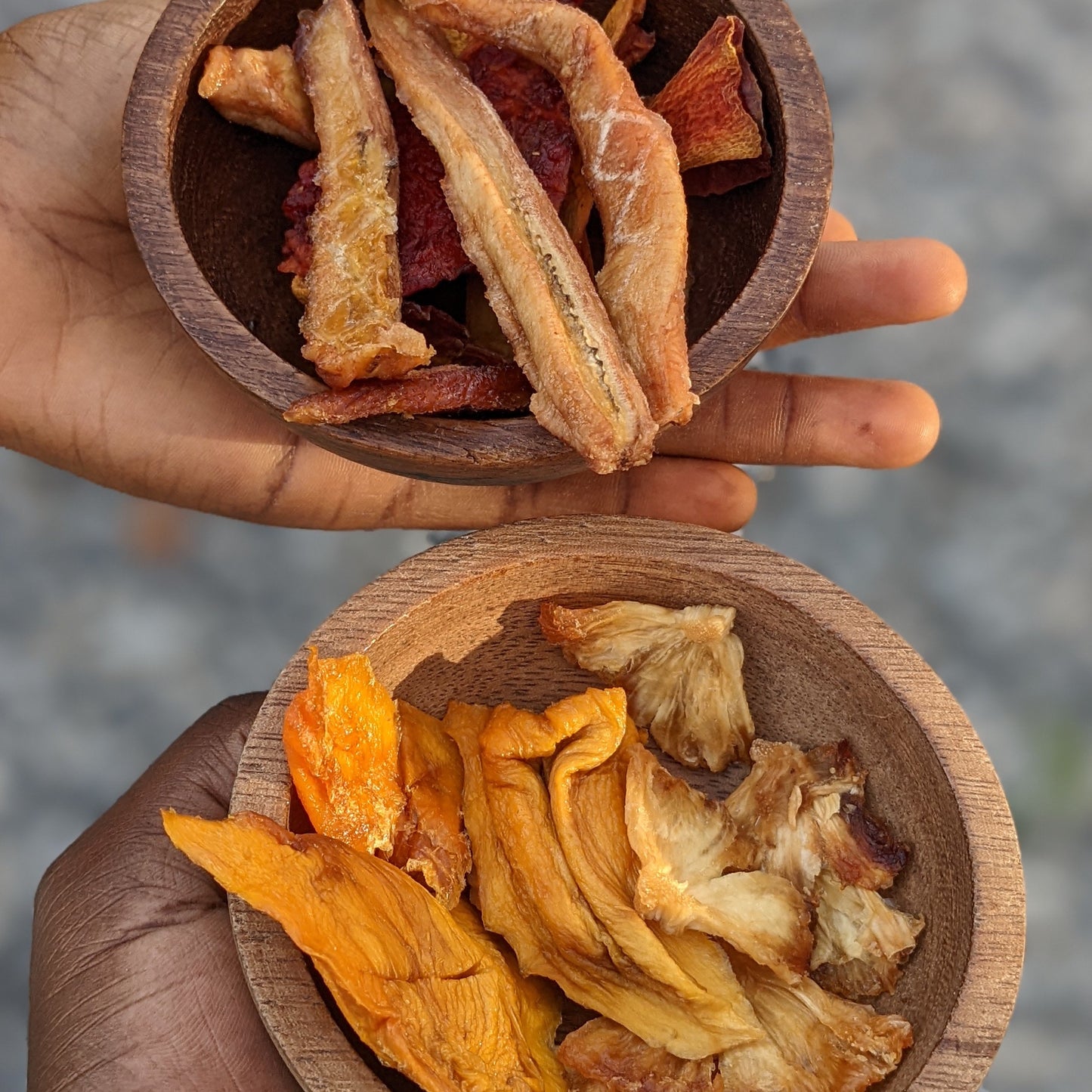 mix tropical dried fruits in wooden bowl
